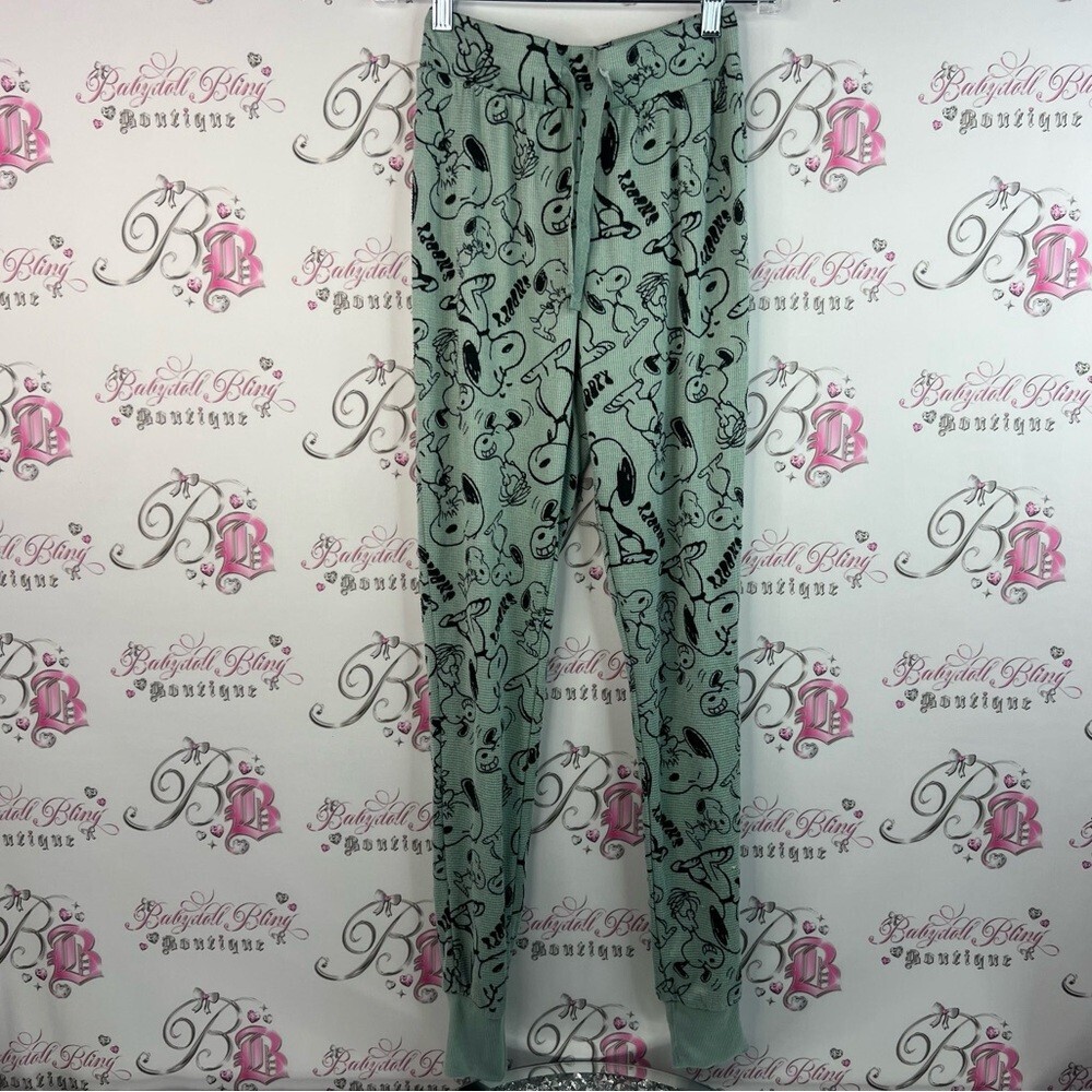 Peanuts snoopy waffle knot pants bottoms Green Patterned Women's Pants
